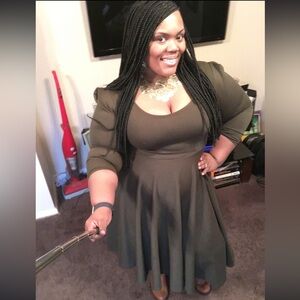 Olive green detailed shoulder fit and flare dress. So flattering!!!